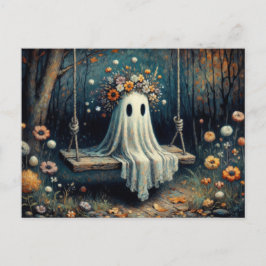 Whimsical Cute Ghost med Blommigt Krona på Swing Vykort