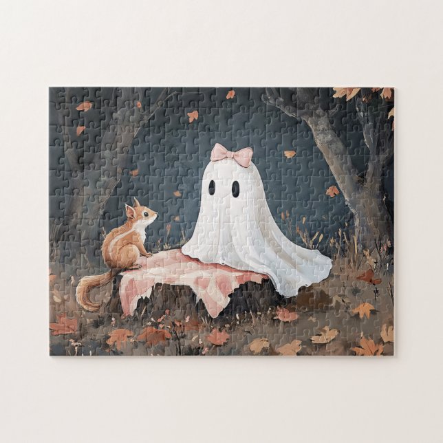 Whimsical Cute Ghost och Squirrel Pussel (Horisontell)