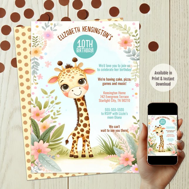 Whimsical Cute Giraffe Födelsedagsfest Inbjudningar (Available in print and instant download)