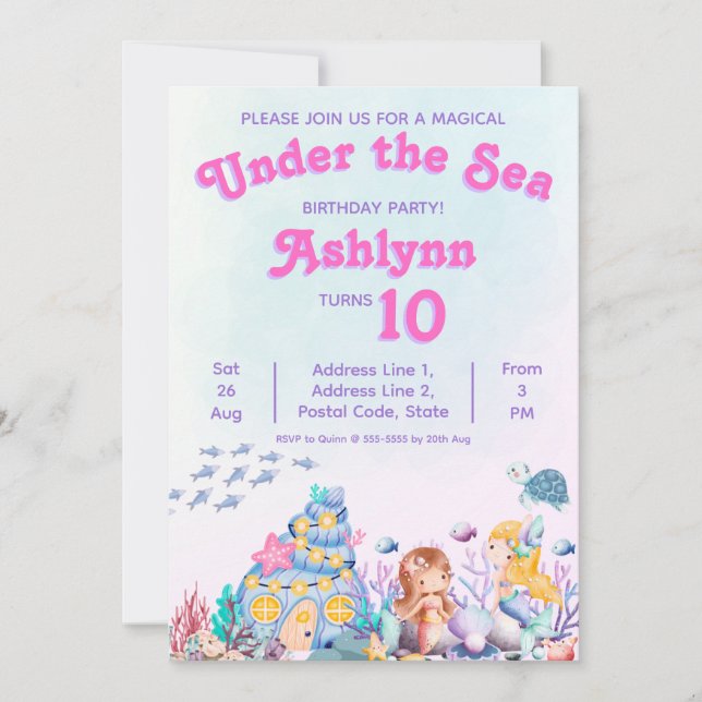 Whimsical Cute Girl Under the Sea Mermaid Birthday Inbjudningar (Framsida)