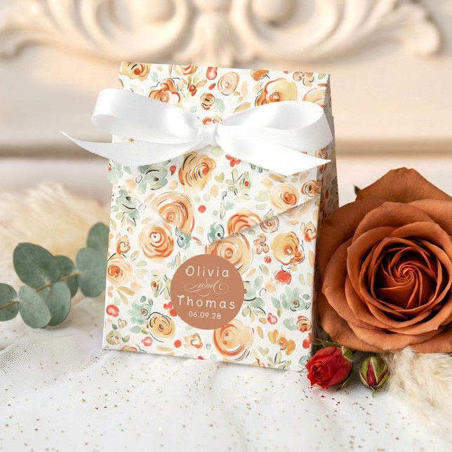 Whimsical Cute Hand Drawn Earthy Flowers Wedding Presentaskar (Wedding Favor Boxes in Earthy Fall Hues with Hand-drawn Flowers Doodles Pattern)