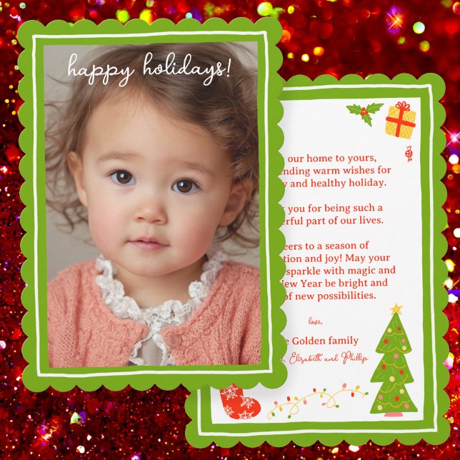 Whimsical Cute Icons Christmas CUSTOM PHOTO Julkort (Whimsical Cute Icons Christmas CUSTOM PHOTO Scalloped Edge Holiday Card
)