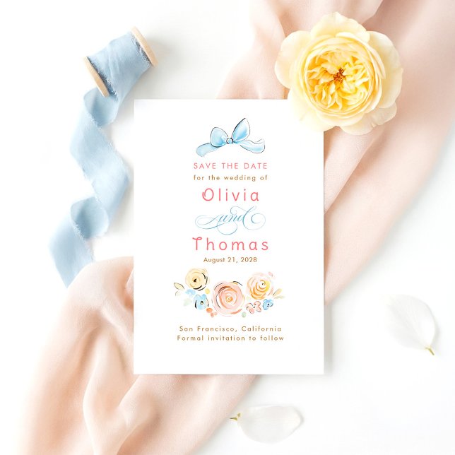 Whimsical Cute Pastel Flowers Bow Save the Date Spara Datumet (Quirky Bow Pastel Save The Date Card)