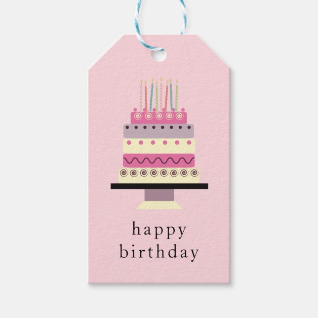 Whimsical Cute Retro Girly Rosa Birthday Cake Presentetikett (Framsidan)