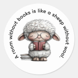 Whimsical Cute Sheep Reading a Book Runt Klistermärke