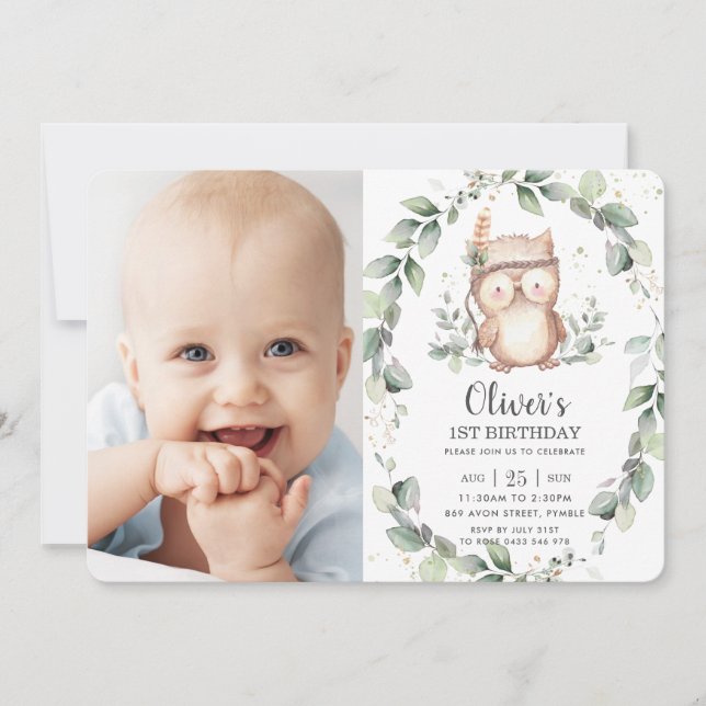 Whimsical Cute Uggla Rustic Greenery Birthday Phot Inbjudningar (Framsida)