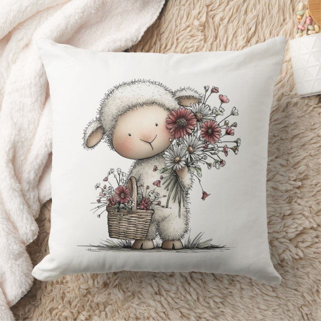 Whimsical Cute Watercolor Sheep Kudde (Filt)