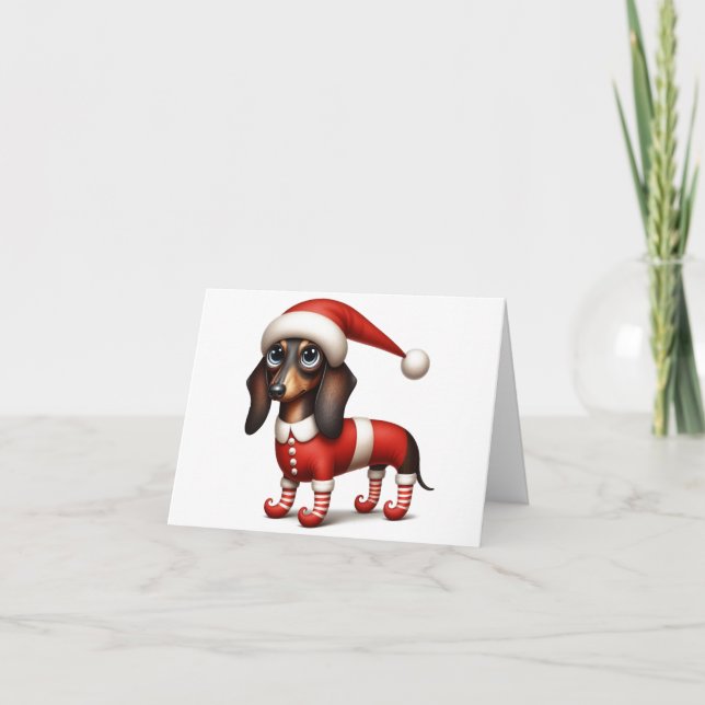 WHIMSICAL DACHSHUND ELF CHRISTMAS CARD KORT (Framsida)