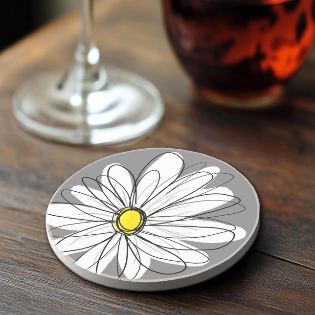 Whimsical Daisy-ritning - Grå och Gul Underlägg (Sandstone Coaster)