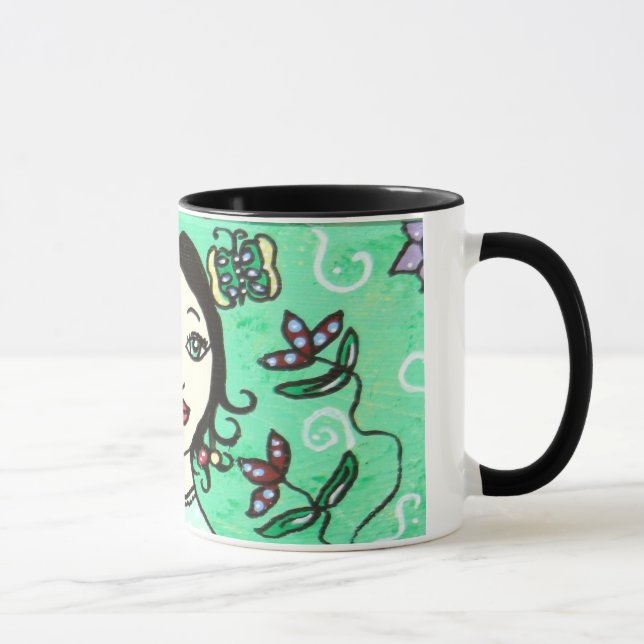 Whimsical dam med vacker blommig bakgrund mugg (Höger)