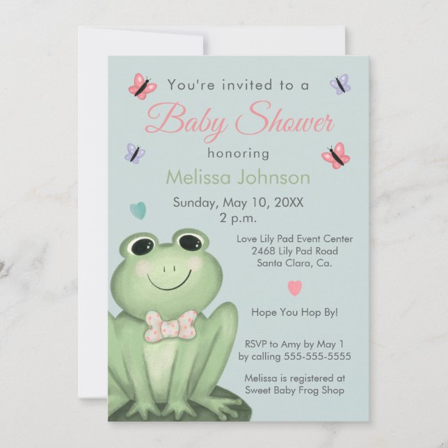 Whimsical Damblå Groda Baby Shower Inbjudningar (Framsida)