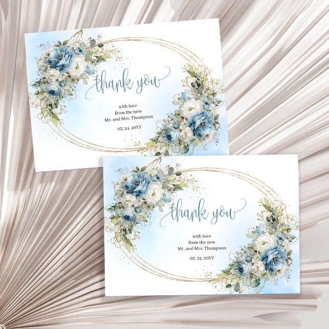 Whimsical dammig blå blomsterbröllop tackkort tack kort (Whimsical Dusty Blue Floral Wedding thank you card)
