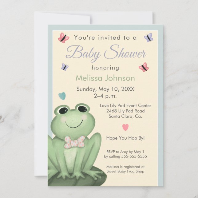 Whimsical dammig blå kräm groda baby shower inbjudningar (Framsida)