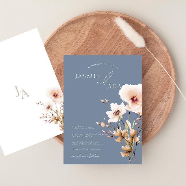 Whimsical dammig blå rosa vildblommor bröllop inbjudningar (Whimsical Dusty Blue Pink Wildflowers Wedding Invitation)