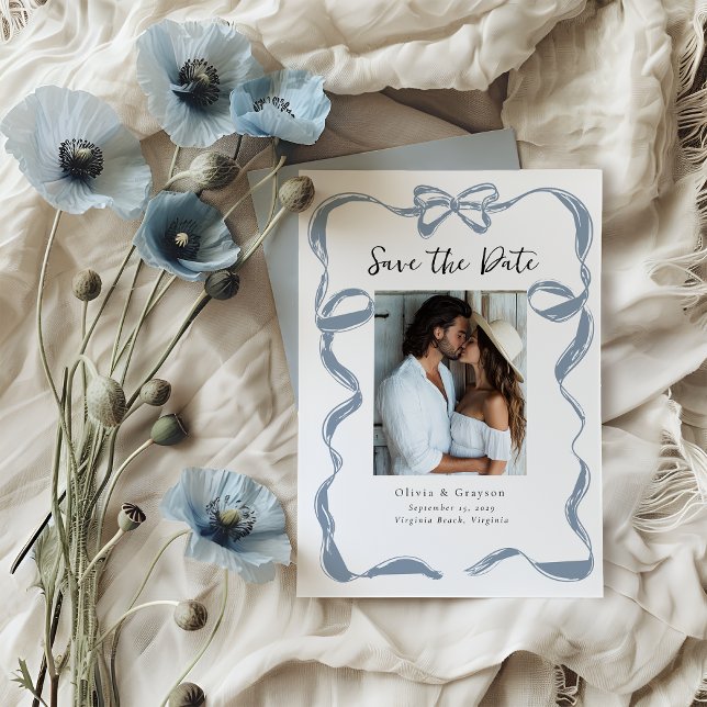 Whimsical dammig blå slinga Spara datum  Spara Datumet (Whimsical Dusty Blue Bow Save the Date )