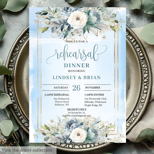 Whimsical Dammt blå Peony Övningsmiddagsinbjudan Inbjudningar (Whimsical Dusty Blue Peony Rehearsal Dinner Card)
