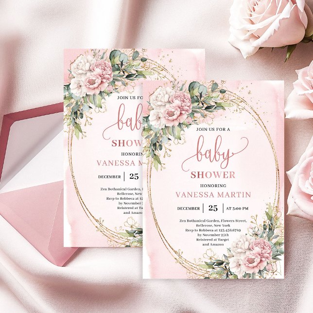 Whimsical Dammtrosa Blommor Eucalyptus Baby Shower Inbjudningar (Whimsical Dusty Pink Flowers Eucalyptus Baby Shower)
