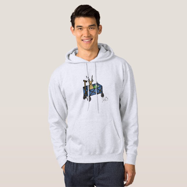 Whimsical Deer Camping Hoodie – “Deer in a Wagon”  (Hel framsida)