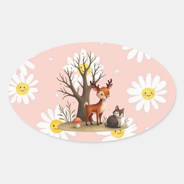 Whimsical Deer & Hedgehog Sticker Ovalt Klistermärke (Framsida)