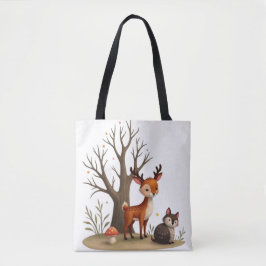 Whimsical Deer & Hedgehog Tote Tygkasse