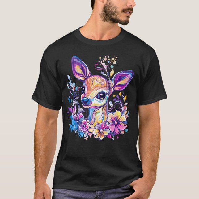 Whimsical Deer Med Färgglada T Shirt (Framsida)