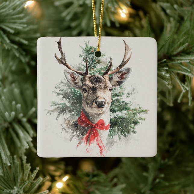 Whimsical Deer med röd slinga julgransprydnad Keramik (Träd)