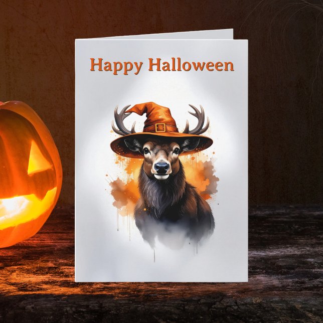 Whimsical Deer Orange Häxhatt Halloween Kort (Happy Halloween Stag Witch Hat Greeting Card. Spooky Season Deer witchy design notecard)