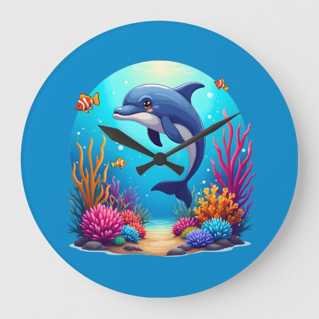 Whimsical Delfin i Vibrant Korallrev Stor Klocka (Framsida)