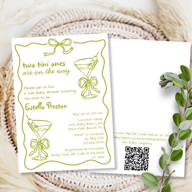 Whimsical Dirty Martinis QR-kod Tvilling Babyshowe Inbjudningar (Skapare uppladdad)