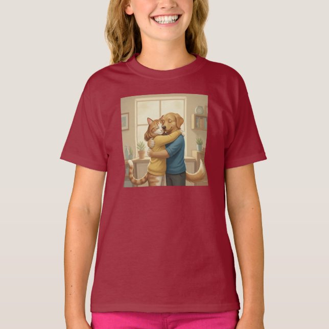 Whimsical Dog and Cat Hug Girls' T-Shirt (Framsida)