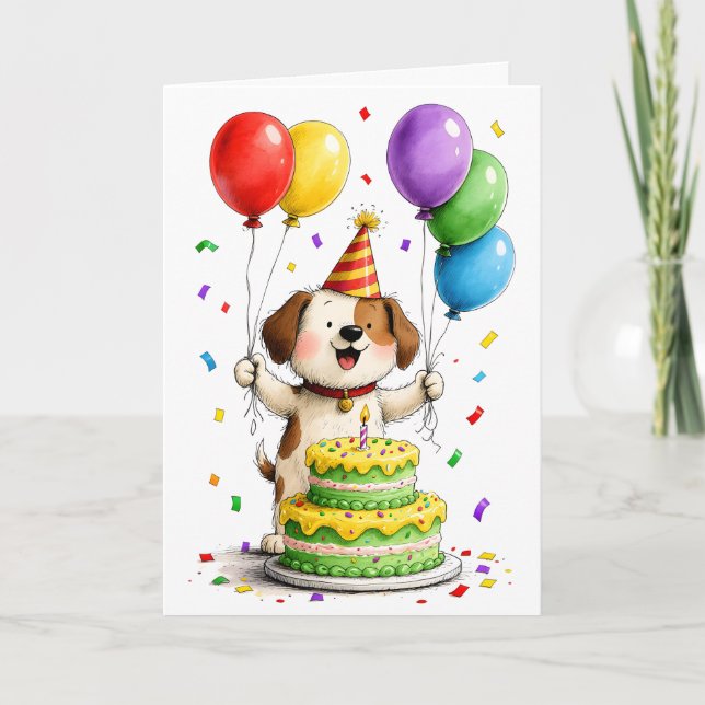 Whimsical Dog Party Hat Cake Balloons Birthday Kort (Framsida)