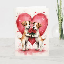 Whimsical Dogs Valentine Hearts and Red Roses Kort