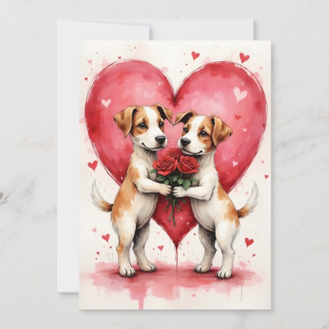 Whimsical Dogs Valentine Hearts and Red Roses Kort (Framsida)