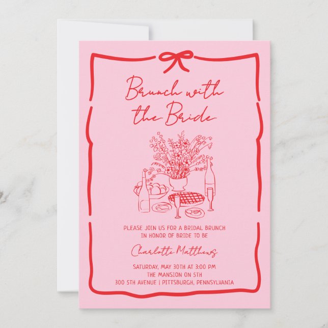 Whimsical Doodle Brunch med Bruden Röd Rosa  Inbjudningar (Framsida)