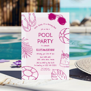 Whimsical Doodle Flickas Poolparty Födelsedag Inbjudningar