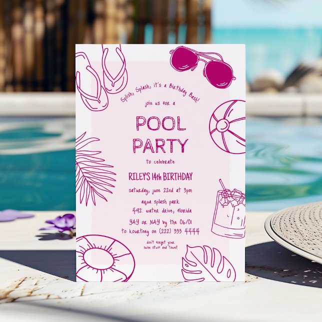 Whimsical Doodle Flickas Poolparty Födelsedag Inbjudningar (Skapare uppladdad)