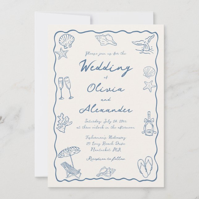 Whimsical Doodle Hand Drawn Coastal Beach Wedding Inbjudningar (Framsida)