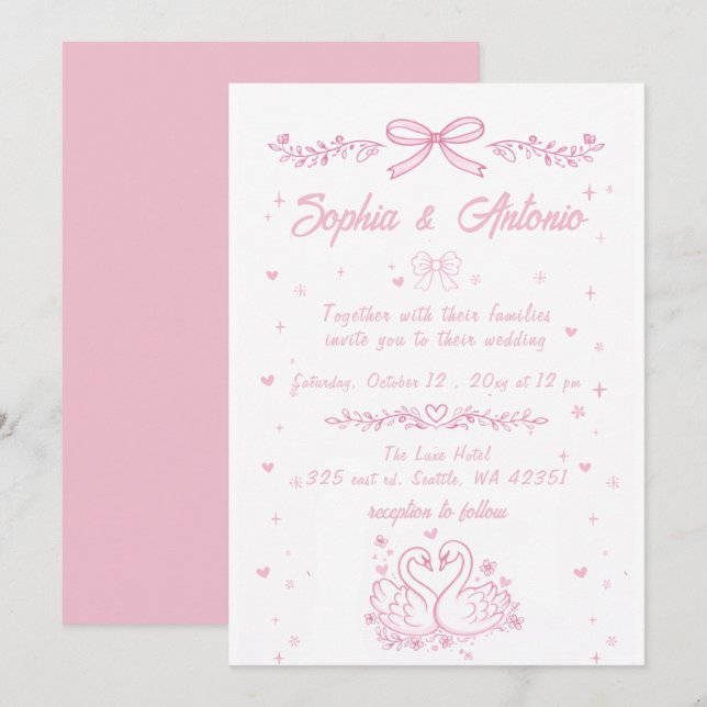 Whimsical Doodle Hand Drawn Pink Swans Wedding Inbjudningar (Fram/baksida)
