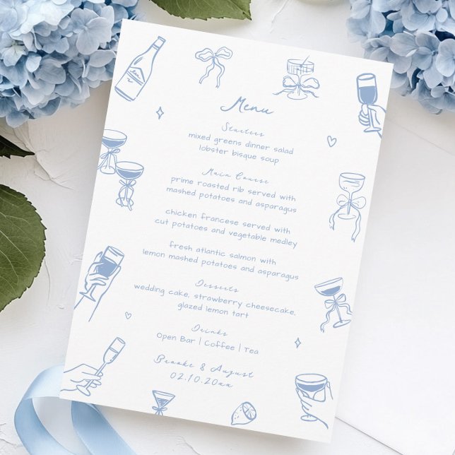 Whimsical Doodle Hand plockade Dusty Blue Bröllop Meny (Skapare uppladdad)