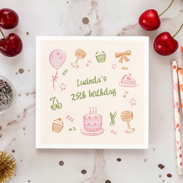 Whimsical Doodle Hand plockade Födelsedagsfest Pappersservett (colourful, whimsical, hand-drawn birthday icon doodles paper napkin)