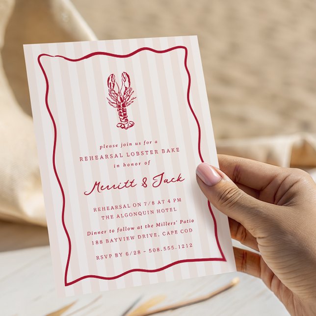 Whimsical Doodle Hummer Bak Rehearsal Dinner Inbjudningar (Coastal lobster rehearsal dinner invitations)