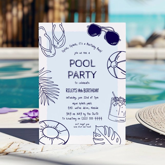 Whimsical Doodle Pojke Pool Party Födelsedag Inbjudningar (Skapare uppladdad)