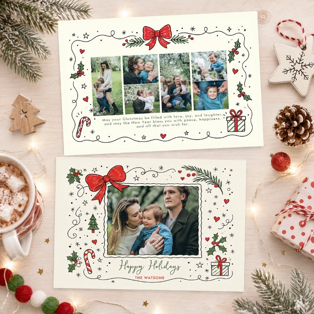 Whimsical Doodle Röd Slinga Jul 7 Bilder   Julkort (Whimsical Doodle Red Bow Christmas 7 Photos Holiday Card)