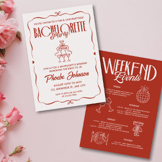 Whimsical Doodle Rosa Red Bachelorette Itinerary Inbjudningar