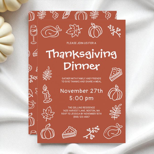 Whimsical Doodle Terracotta Thanksgiving Middag Inbjudningar (Whimsical Doodle Terracotta Thanksgiving Dinner Invitation)