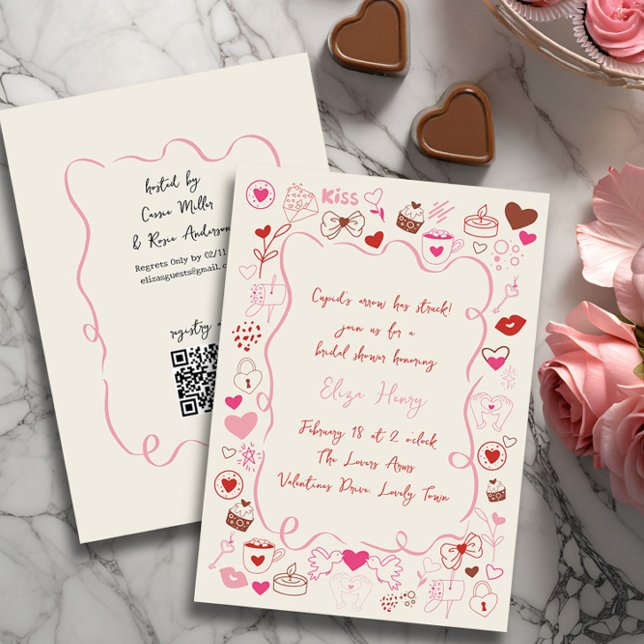 Whimsical Doodle Valentines Möhippa Inbjudningar (Bridal Shower invitation from the Valentines Bridal Shower Invitation collection by Darling & May)