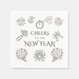 Whimsical Doodles Black Cheers to New Year Party Pappersservett