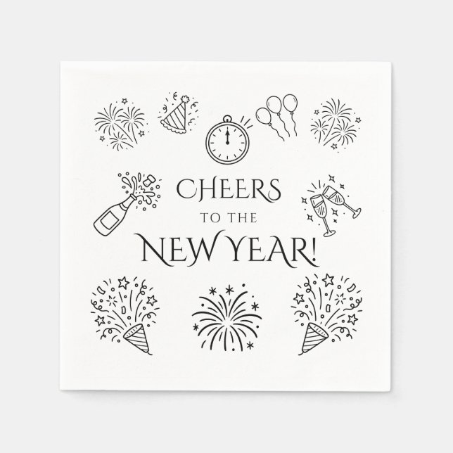 Whimsical Doodles Black Cheers to New Year Party Pappersservett (Framsidan)