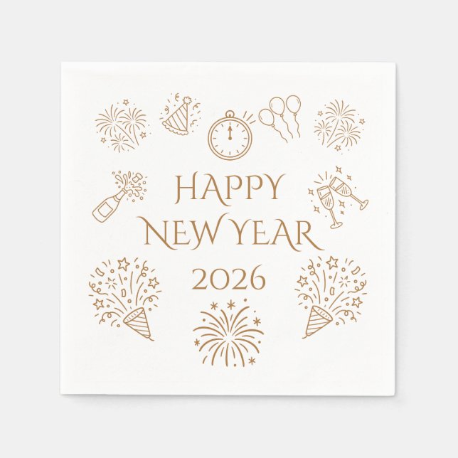 Whimsical Doodles Gold Happy New Year 2026 Pappersservett (Framsidan)