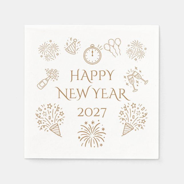 Whimsical Doodles Guld Gott Nytt År 2027 Pappersservett (Framsidan)
